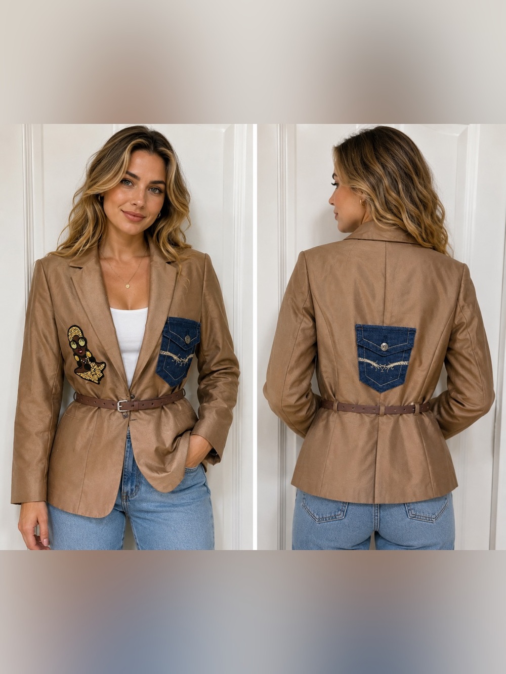 Upcycled brown belted  Blazer with Denim Patch Accents size 10